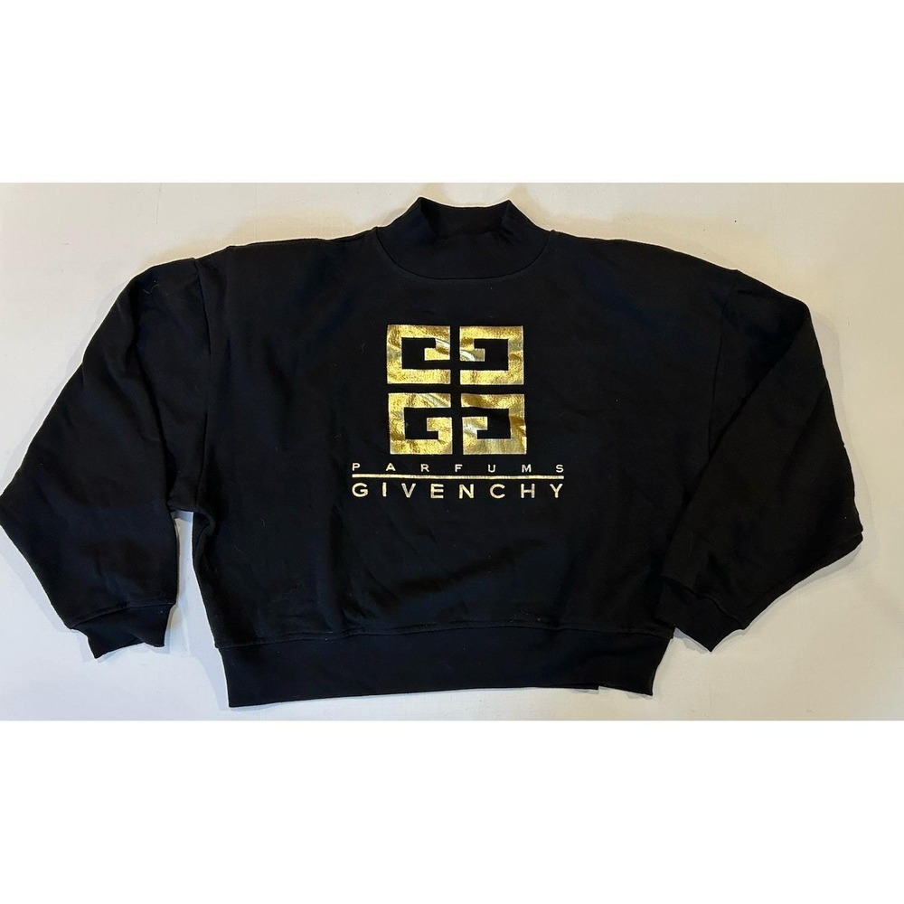 Vtg GIVENCHY Parfums Mock Neck Crop Sweatshirt Black Gold Sz M Shoulder Pads‎